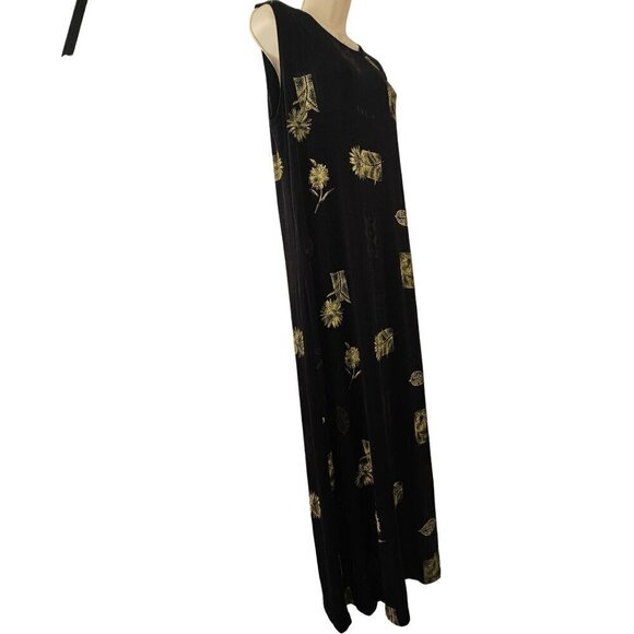 Es Se Stretch Nylon Knit Black Maxi Dress Plus 1XL Gold Foral Print Slveless 90s - Picture 5 of 11